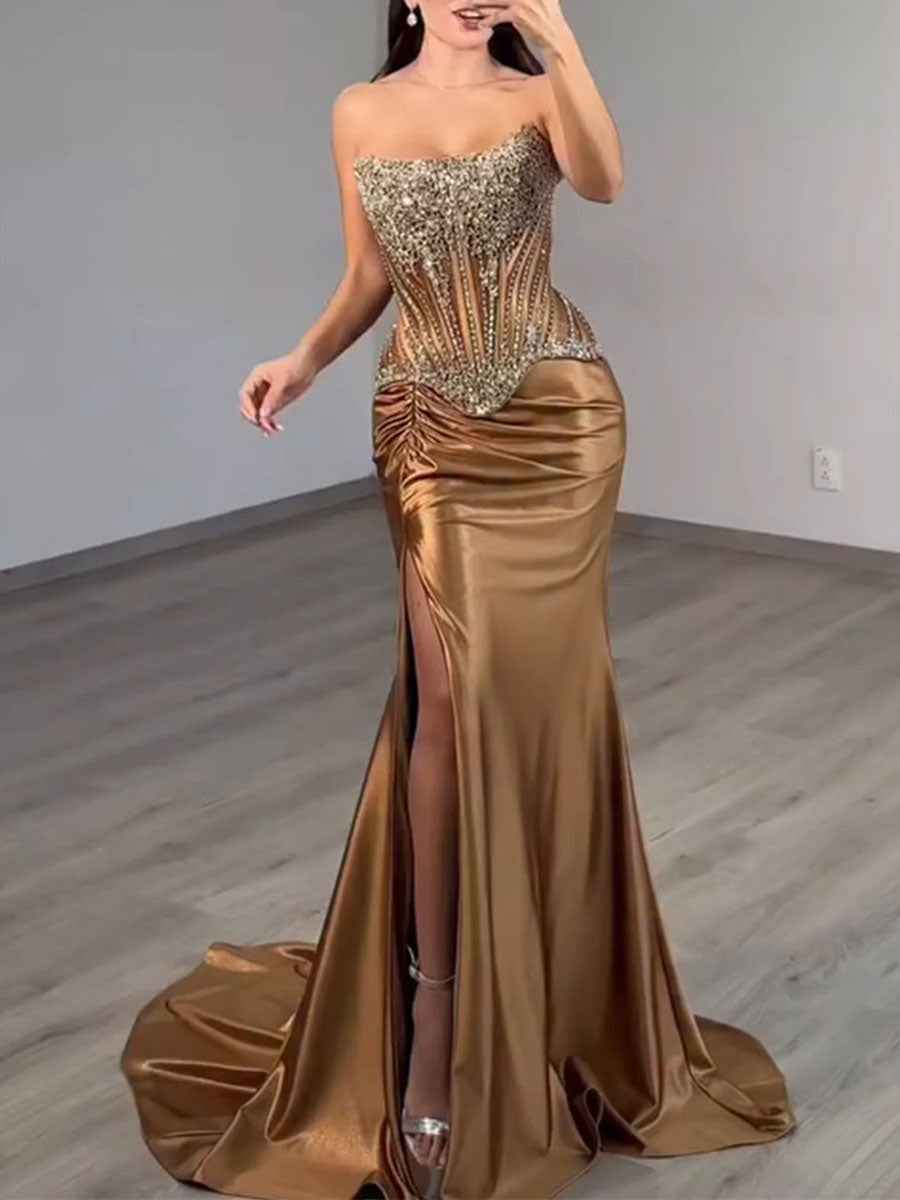 Gold Strapless Heavy Crystal Corset Prom Dress With Slit
