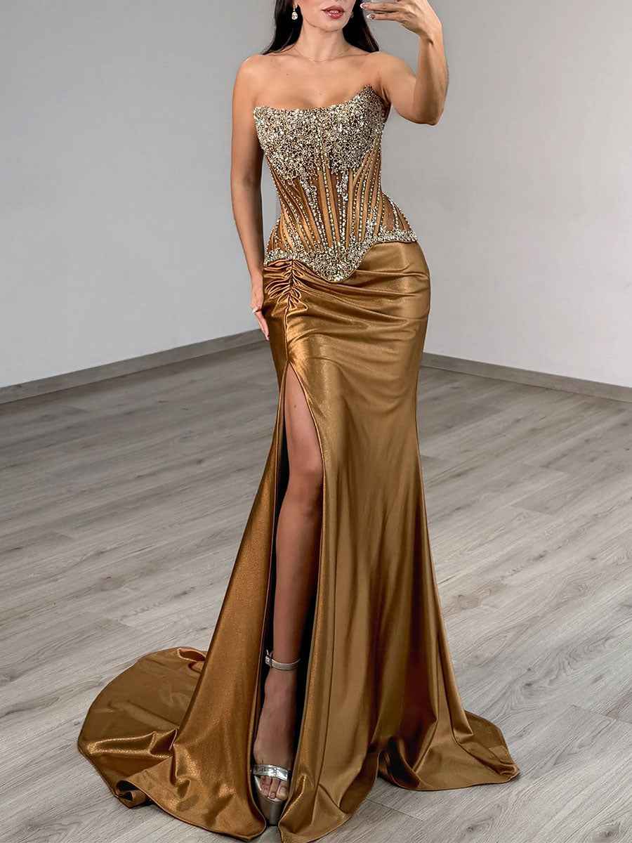 Gold Strapless Heavy Crystal Corset Prom Dress With Slit