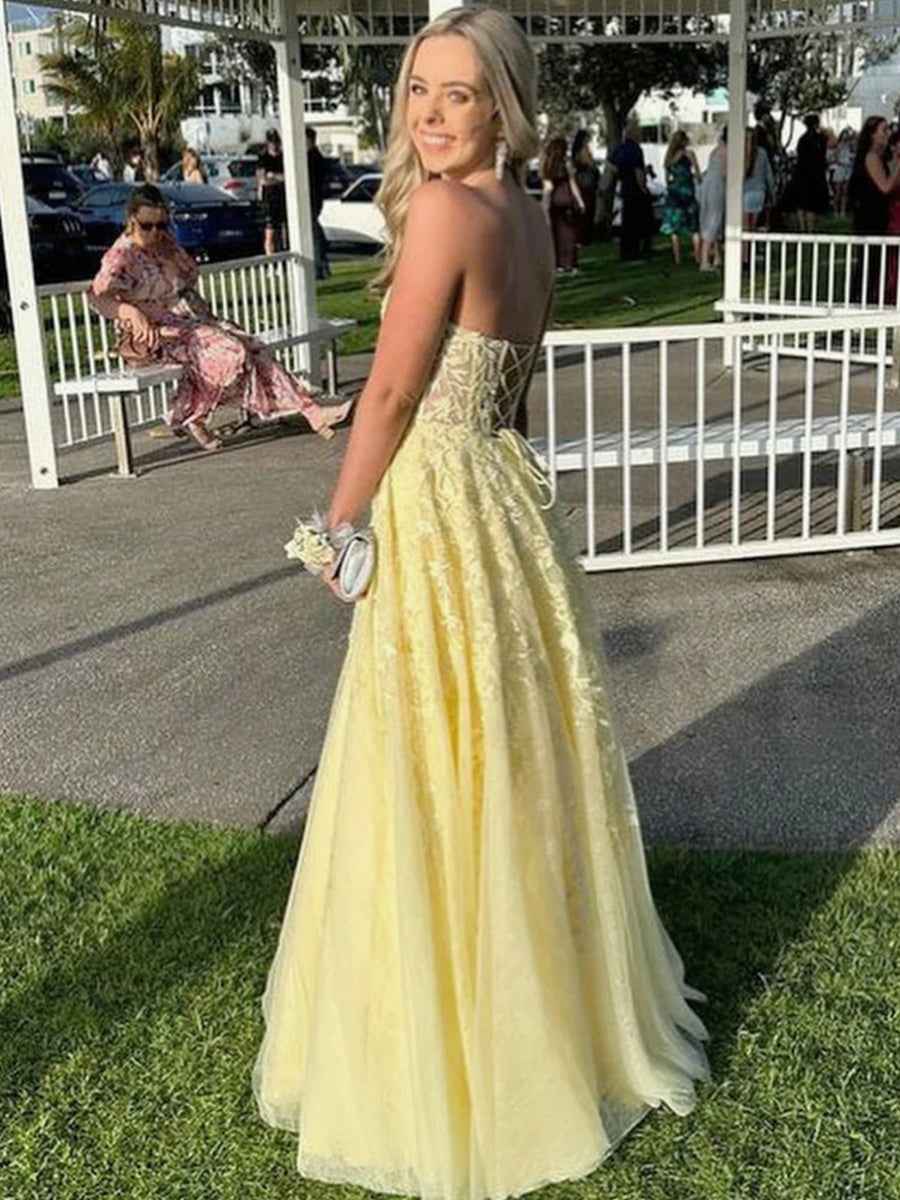 Strapless Lace Applique A-Line Empire Waist Yellow Tulle Prom Dress