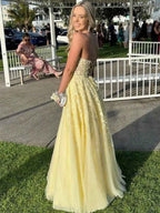 Strapless Lace Applique A-Line Empire Waist Yellow Tulle Prom Dress