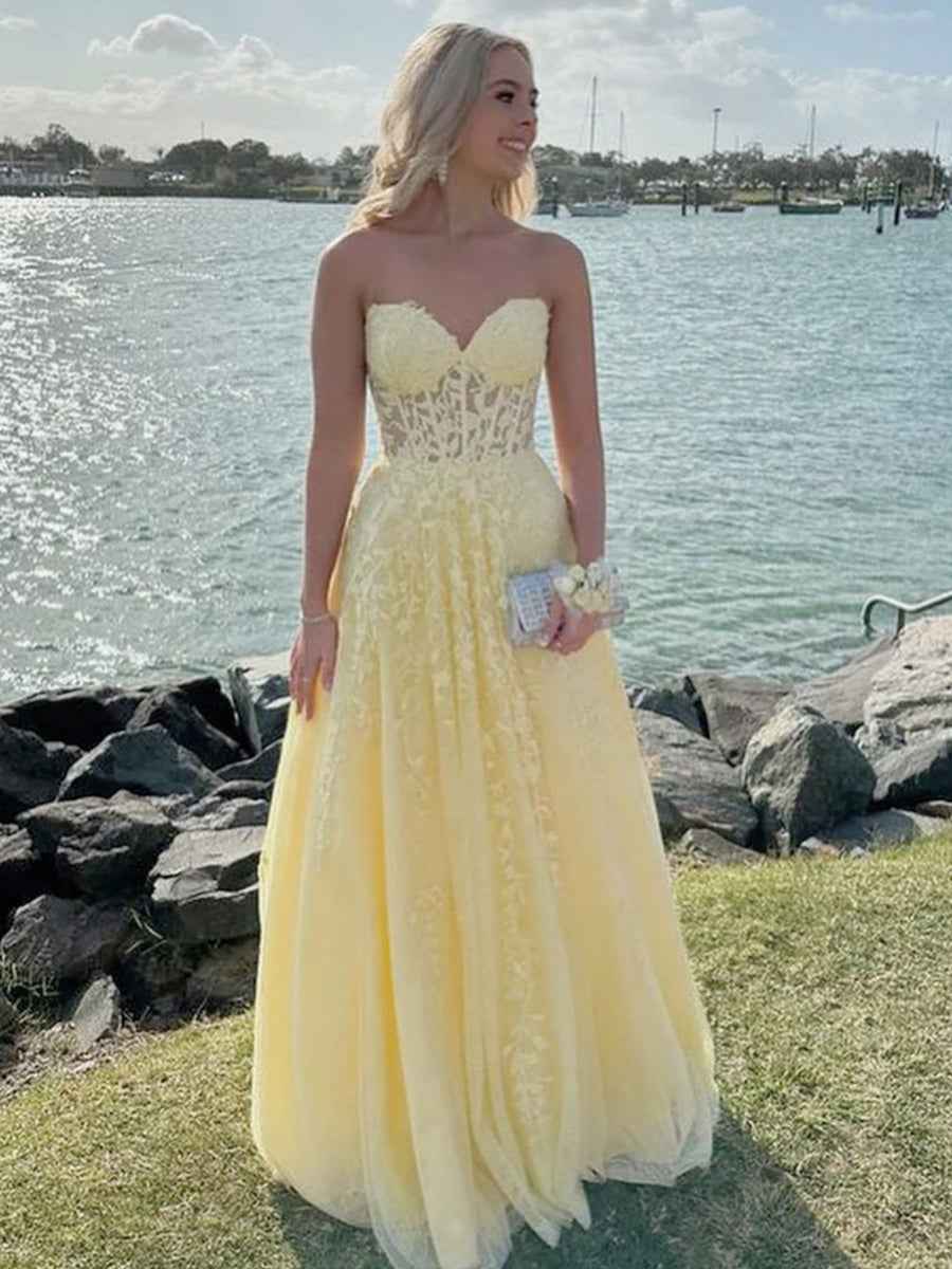 Strapless Lace Applique A-Line Empire Waist Yellow Tulle Prom Dress