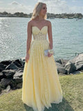 Strapless Lace Applique A-Line Empire Waist Yellow Tulle Prom Dress