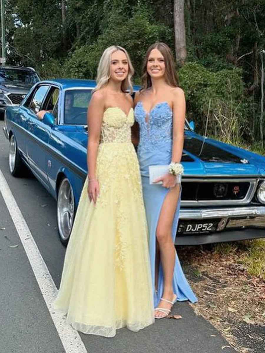 Strapless Lace Applique A-Line Empire Waist Yellow Tulle Prom Dress