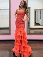 Strapless Floral Lace Appliques Mermaid Prom Dress With Slit