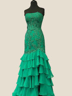 Strapless Floral Lace Appliques Mermaid Prom Dress With Slit
