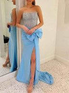 Light Blue Strapless Mermaid Prom Dress With Corset Bodice Side Bowknot And Slit