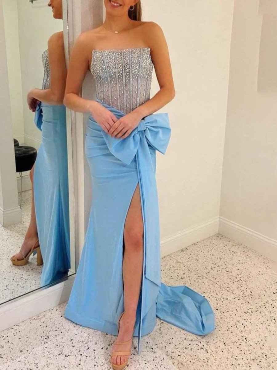 Light Blue Strapless Mermaid Prom Dress With Corset Bodice Side Bowknot And Slit