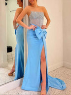 Light Blue Strapless Mermaid Prom Dress With Corset Bodice Side Bowknot And Slit