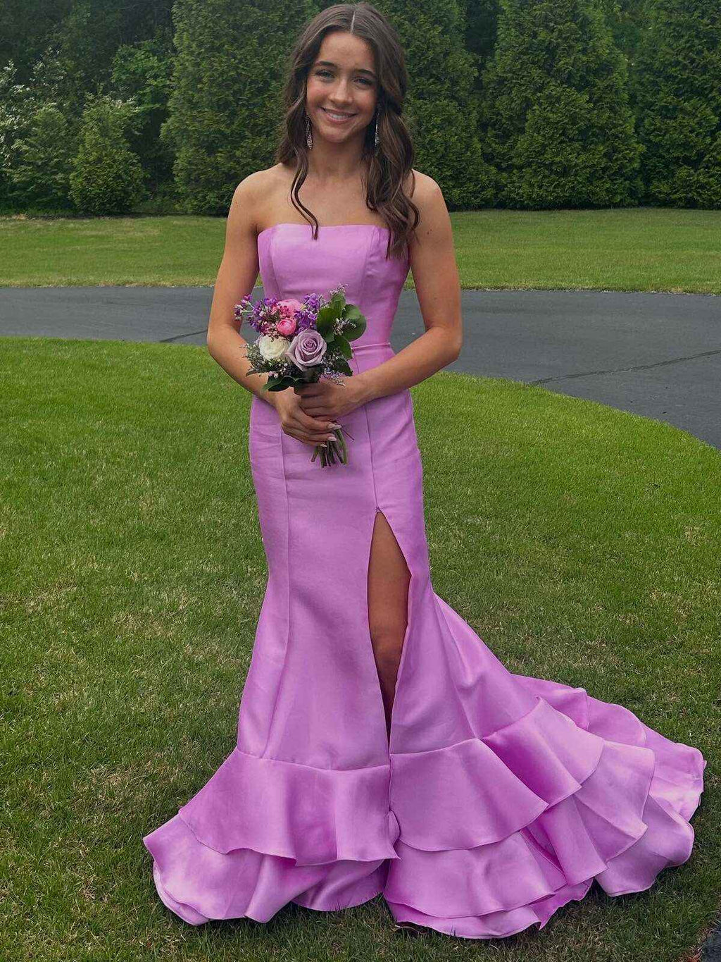 Lilac Strapless Mermaid Long Prom Dress With Ruffle And Slit