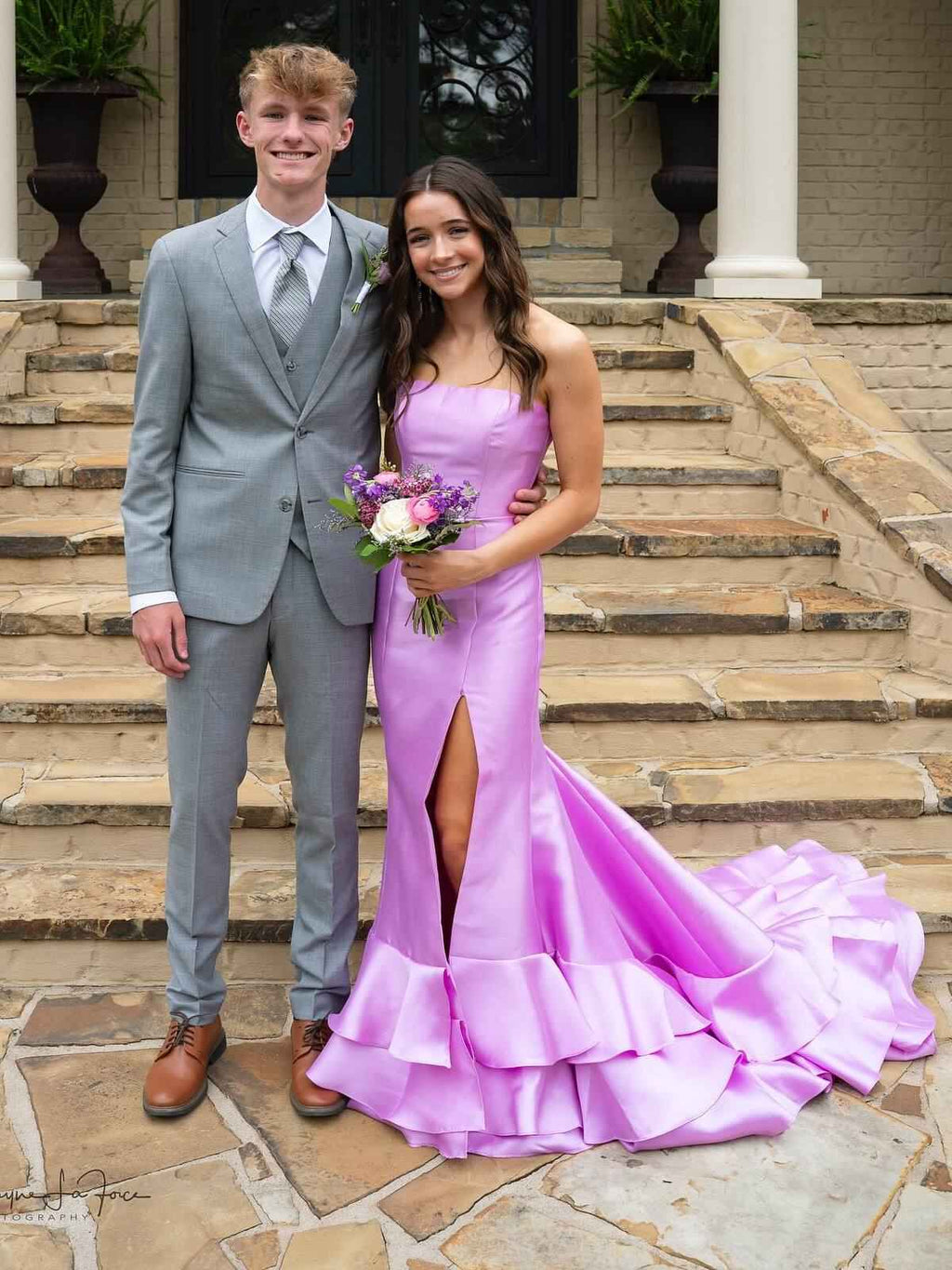Lilac Strapless Mermaid Long Prom Dress With Ruffle And Slit