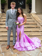 Lilac Strapless Mermaid Long Prom Dress With Ruffle And Slit