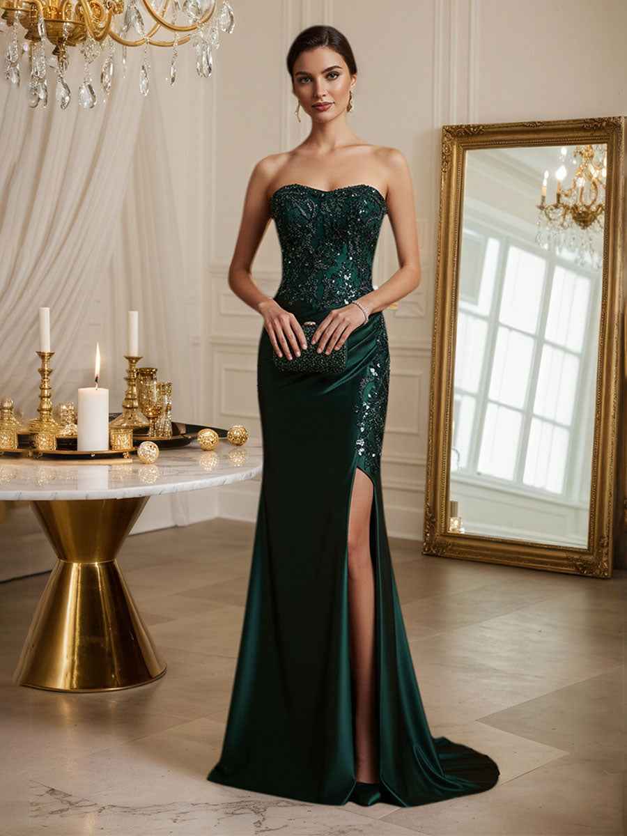 Emerald Green Strapless Mermaid Sequin Prom Dress Beaded Bodice Slit