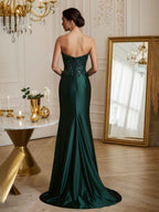 Emerald Green Strapless Mermaid Sequin Prom Dress Beaded Bodice Slit