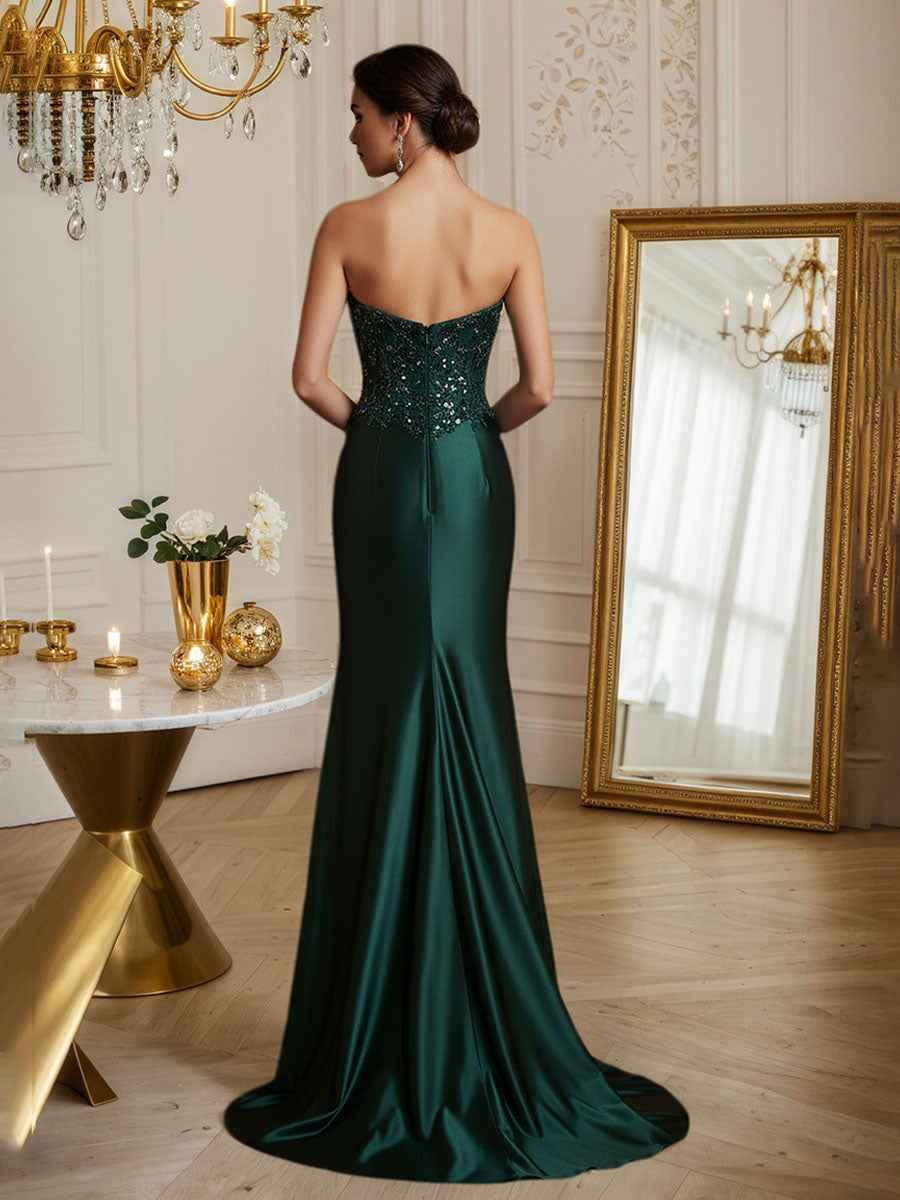 Emerald Green Strapless Mermaid Sequin Prom Dress Beaded Bodice Slit