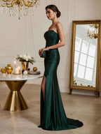Emerald Green Strapless Mermaid Sequin Prom Dress Beaded Bodice Slit