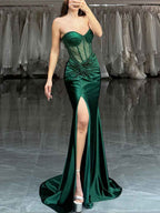 Emerald Green Strapless Mermaid Prom Dress With Sheer Bodice