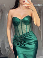 Emerald Green Strapless Mermaid Prom Dress With Sheer Bodice