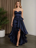 Navy Satin Strapless High Low Ball Gown With Ruffle Detail