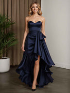 Navy Satin Strapless High Low Ball Gown With Ruffle Detail