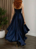 Navy Satin Strapless High Low Ball Gown With Ruffle Detail