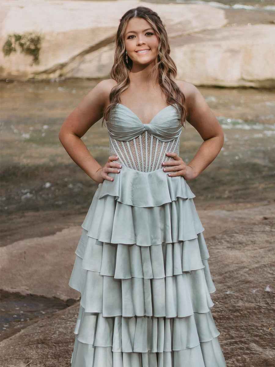 Strapless Pleated Corset Beaded Tiered Long Prom Dress Gown