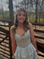 Strapless Pleated Corset Beaded Tiered Long Prom Dress Gown