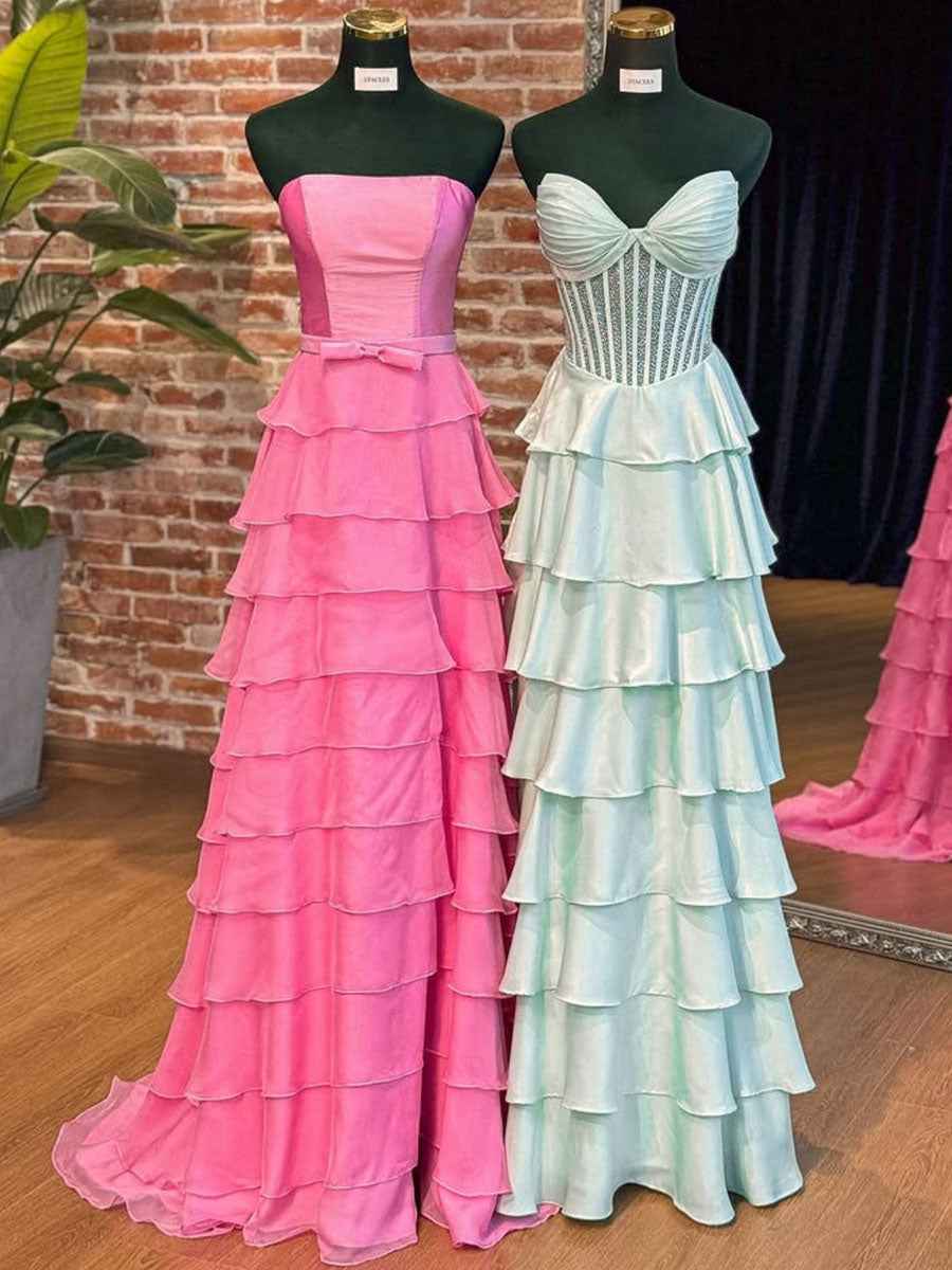 Strapless Pleated Corset Beaded Tiered Long Prom Dress Gown