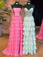 Strapless Pleated Corset Beaded Tiered Long Prom Dress Gown