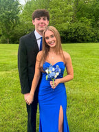 Strapless Pleated Satin Long Prom Dress With Slit Elegant Gown