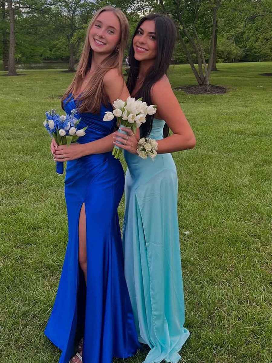 Strapless Pleated Satin Long Prom Dress With Slit Elegant Gown