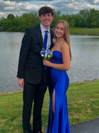 Strapless Pleated Satin Long Prom Dress With Slit Elegant Gown