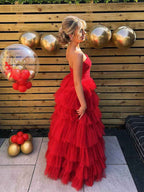 Red Strapless Long Prom Dress With Cascading Tulle Ruffles