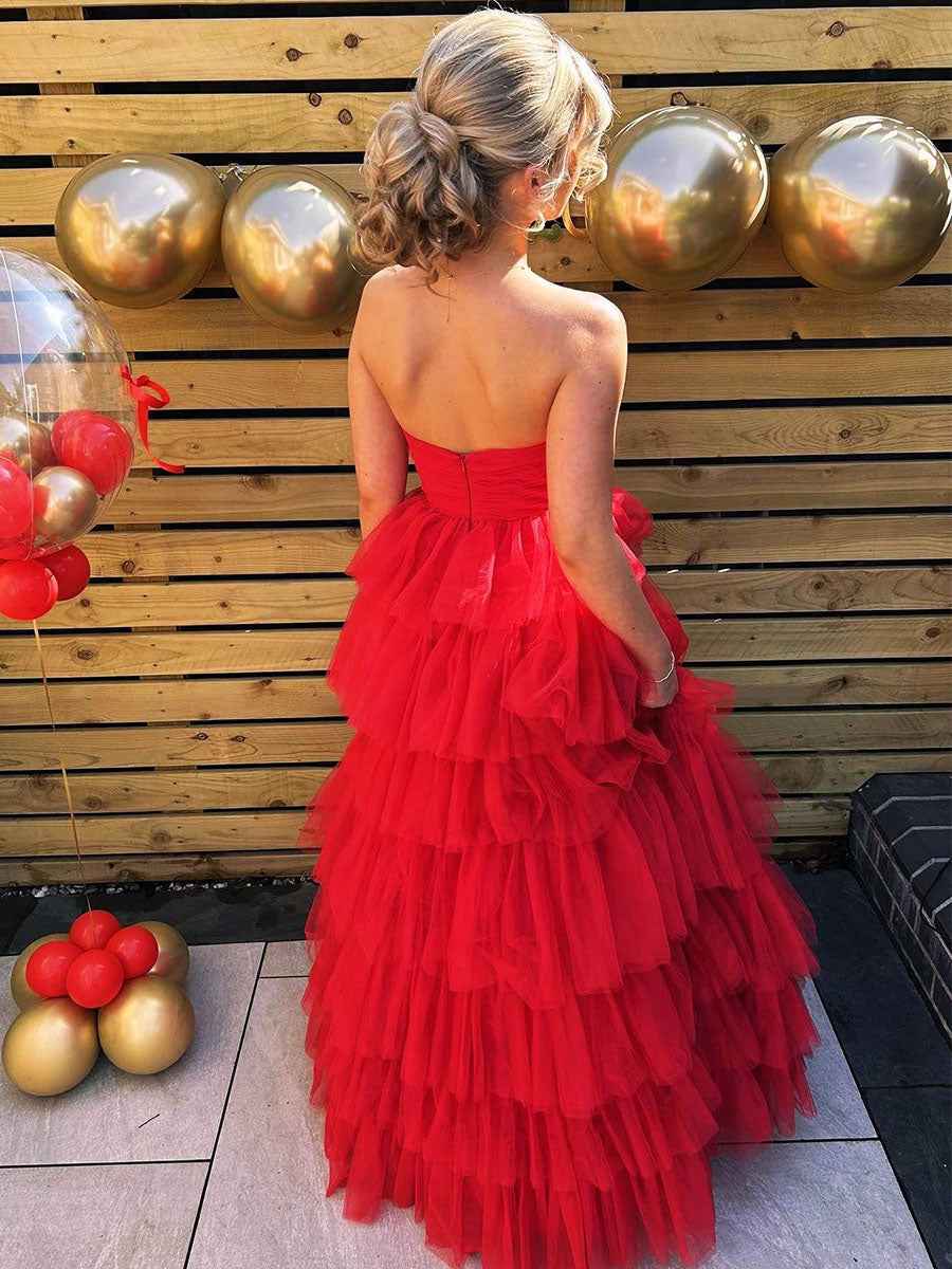 Red Strapless Long Prom Dress With Cascading Tulle Ruffles