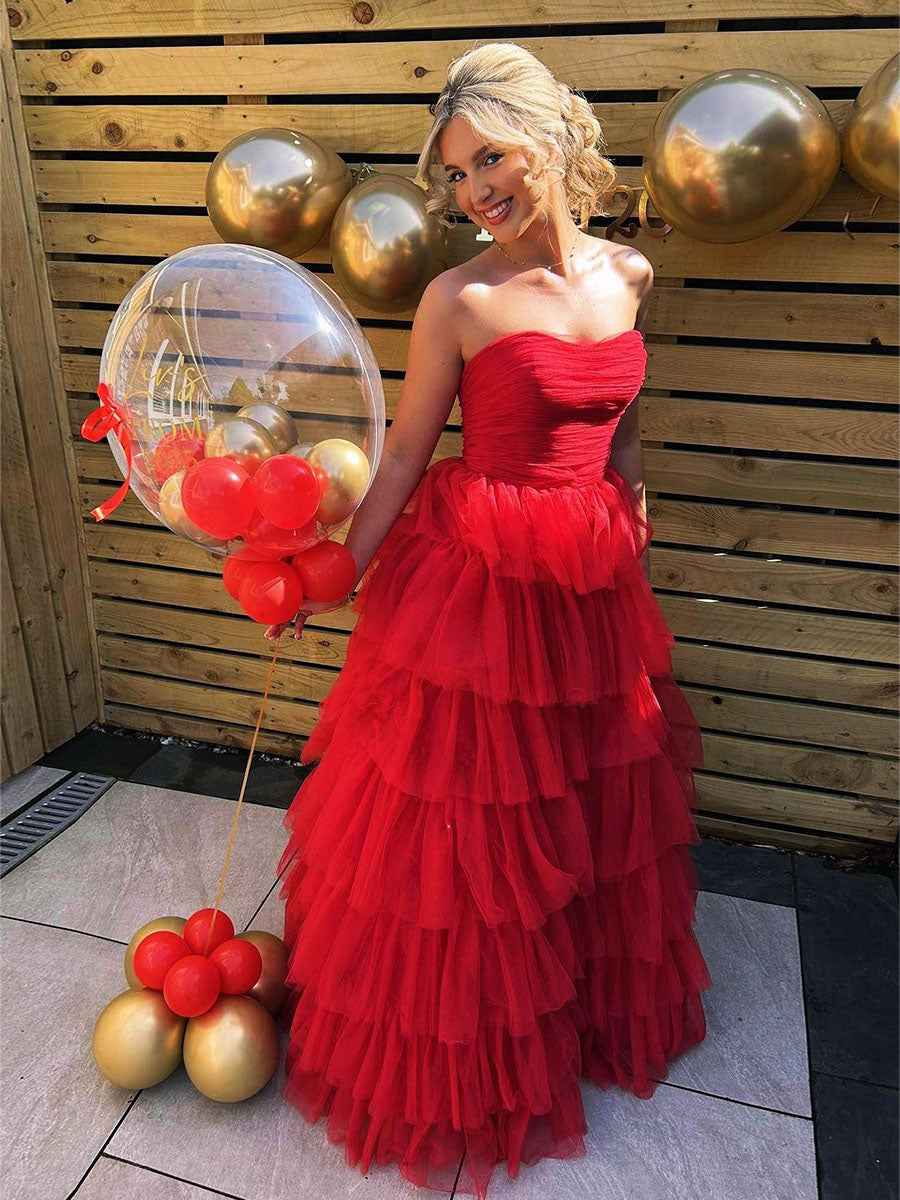 Red Strapless Long Prom Dress With Cascading Tulle Ruffles