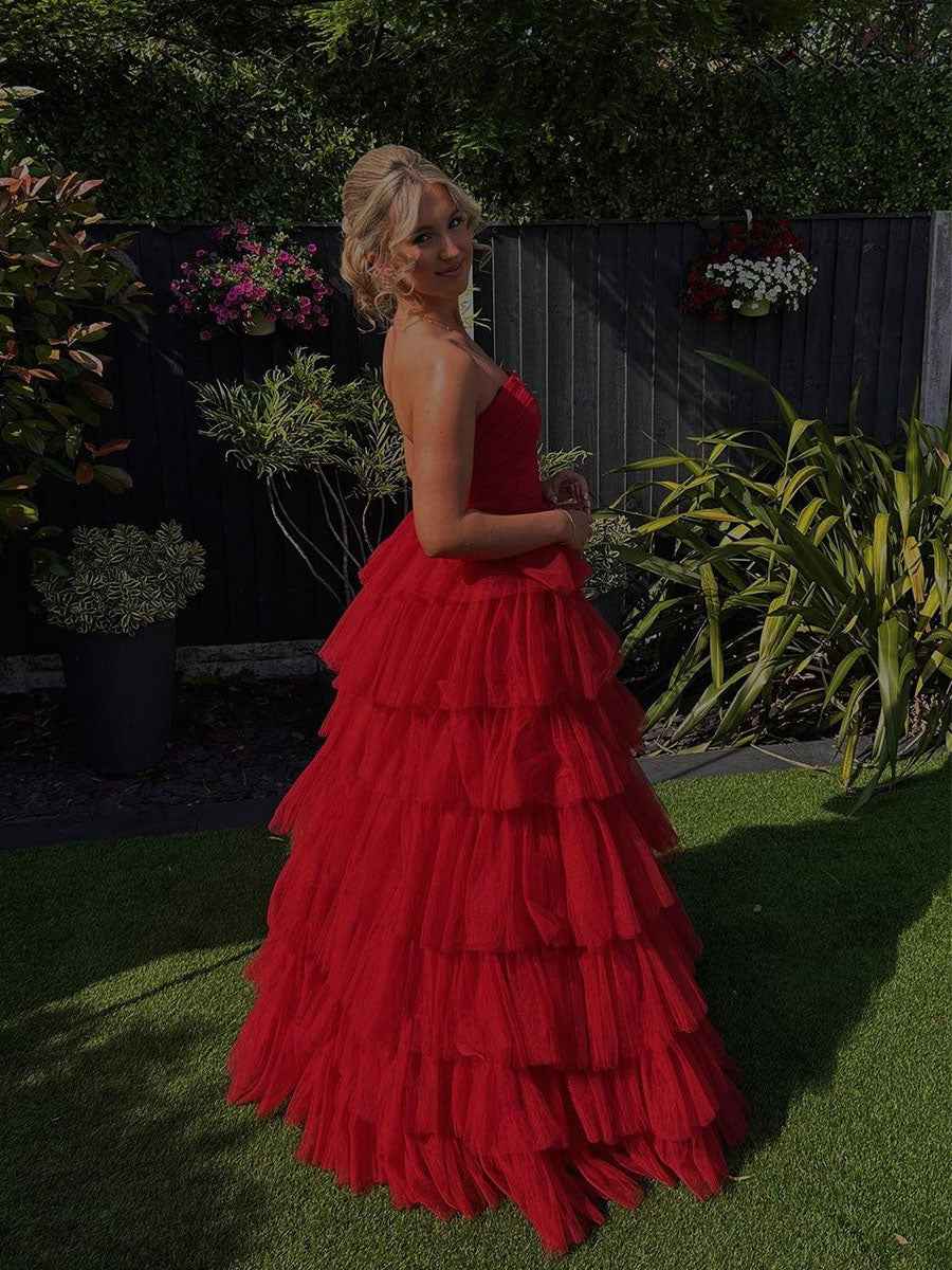 Red Strapless Long Prom Dress With Cascading Tulle Ruffles