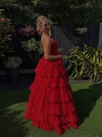 Red Strapless Long Prom Dress With Cascading Tulle Ruffles