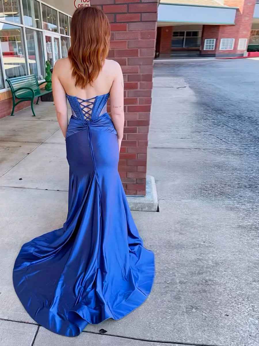 Royal Blue Strapless V Neck Beaded Long Prom Dress With Slit