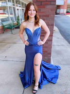 Royal Blue Strapless V Neck Beaded Long Prom Dress With Slit
