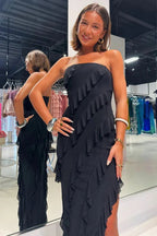 Abito da damigella d'onore rosa in chiffon con volant senza spalline e spacco BD121