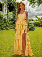 Strapless Satin Ruffle Tiered Beaded A Line Yellow Prom Dress With Slit