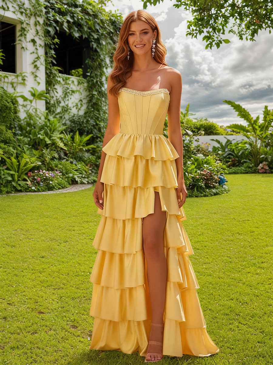 Strapless Satin Ruffle Tiered Beaded A Line Yellow Prom Dress With Slit