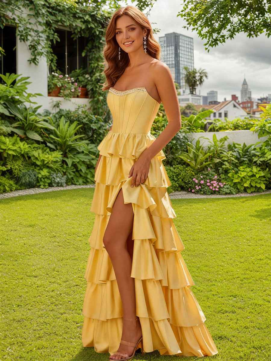 Strapless Satin Ruffle Tiered Beaded A Line Yellow Prom Dress With Slit