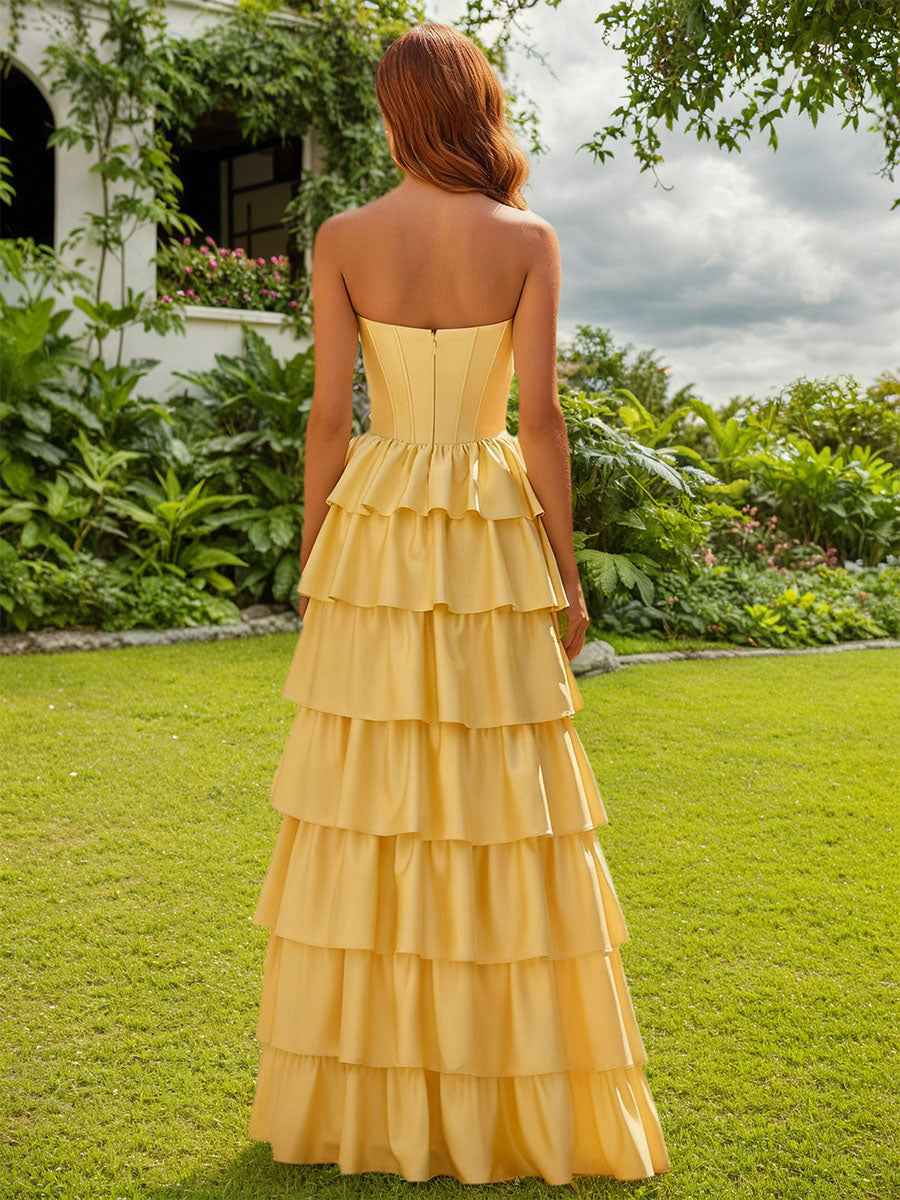 Strapless Satin Ruffle Tiered Beaded A Line Yellow Prom Dress With Slit