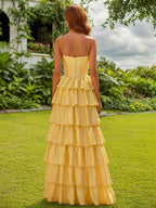 Strapless Satin Ruffle Tiered Beaded A Line Yellow Prom Dress With Slit