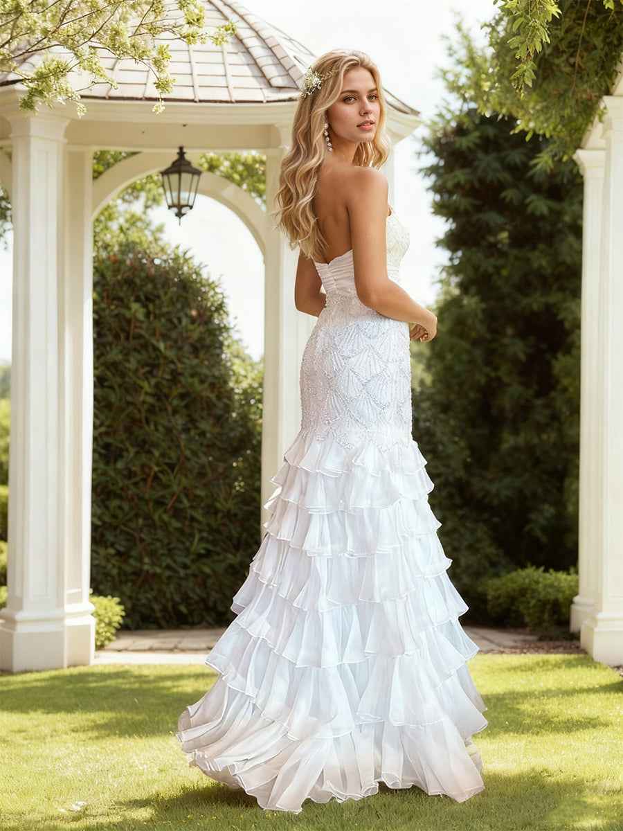 Strapless Scalloped Beaded Bodice Tiered Ruffle Prom Dress With Satin Bow