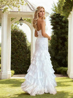 Strapless Scalloped Beaded Bodice Tiered Ruffle Prom Dress With Satin Bow