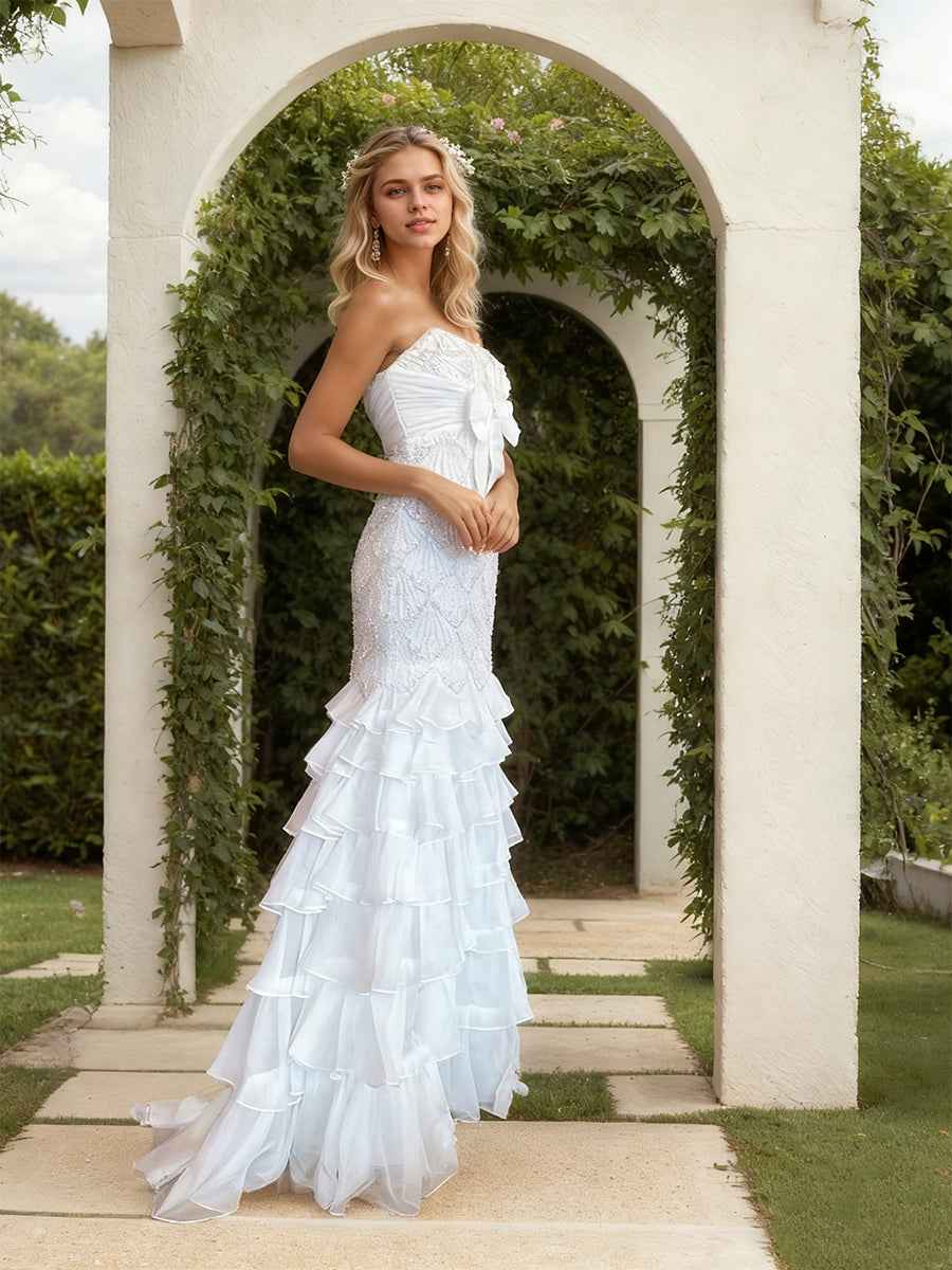 Strapless Scalloped Beaded Bodice Tiered Ruffle Prom Dress With Satin Bow