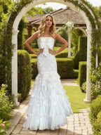 Strapless Scalloped Beaded Bodice Tiered Ruffle Prom Dress With Satin Bow