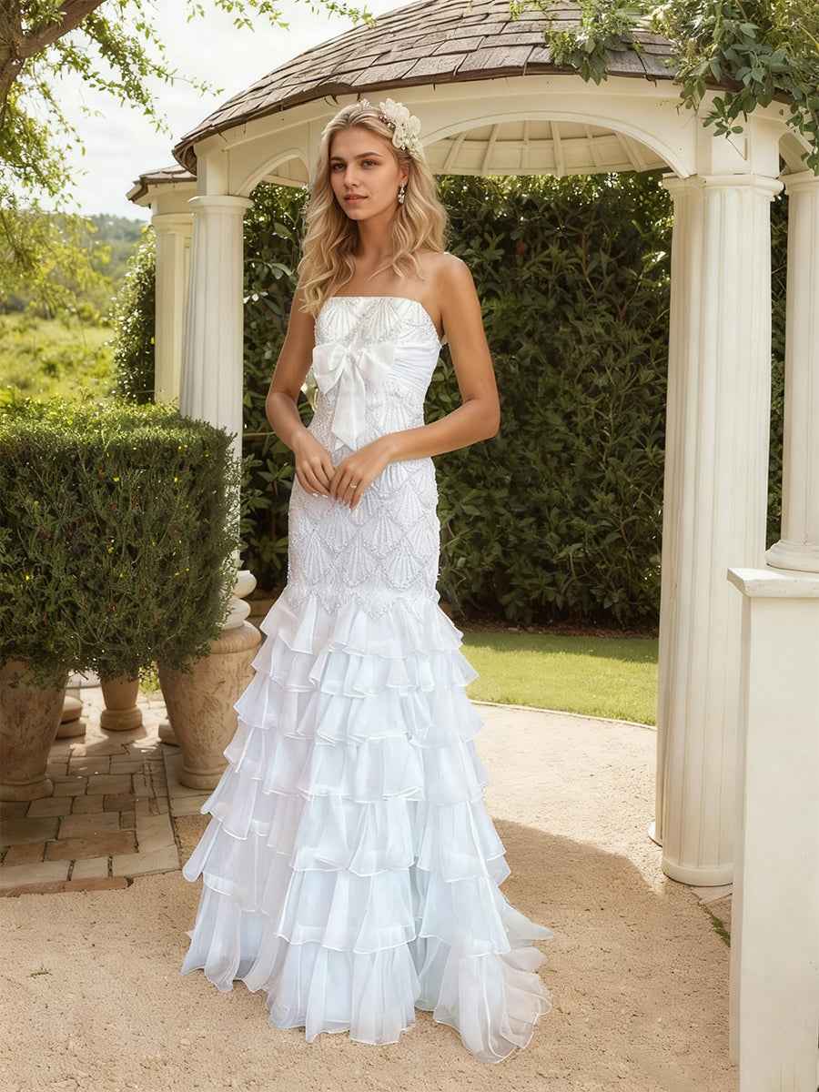 Strapless Scalloped Beaded Bodice Tiered Ruffle Prom Dress With Satin Bow