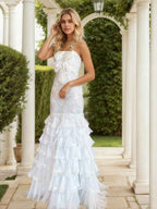 Strapless Scalloped Beaded Bodice Tiered Ruffle Prom Dress With Satin Bow